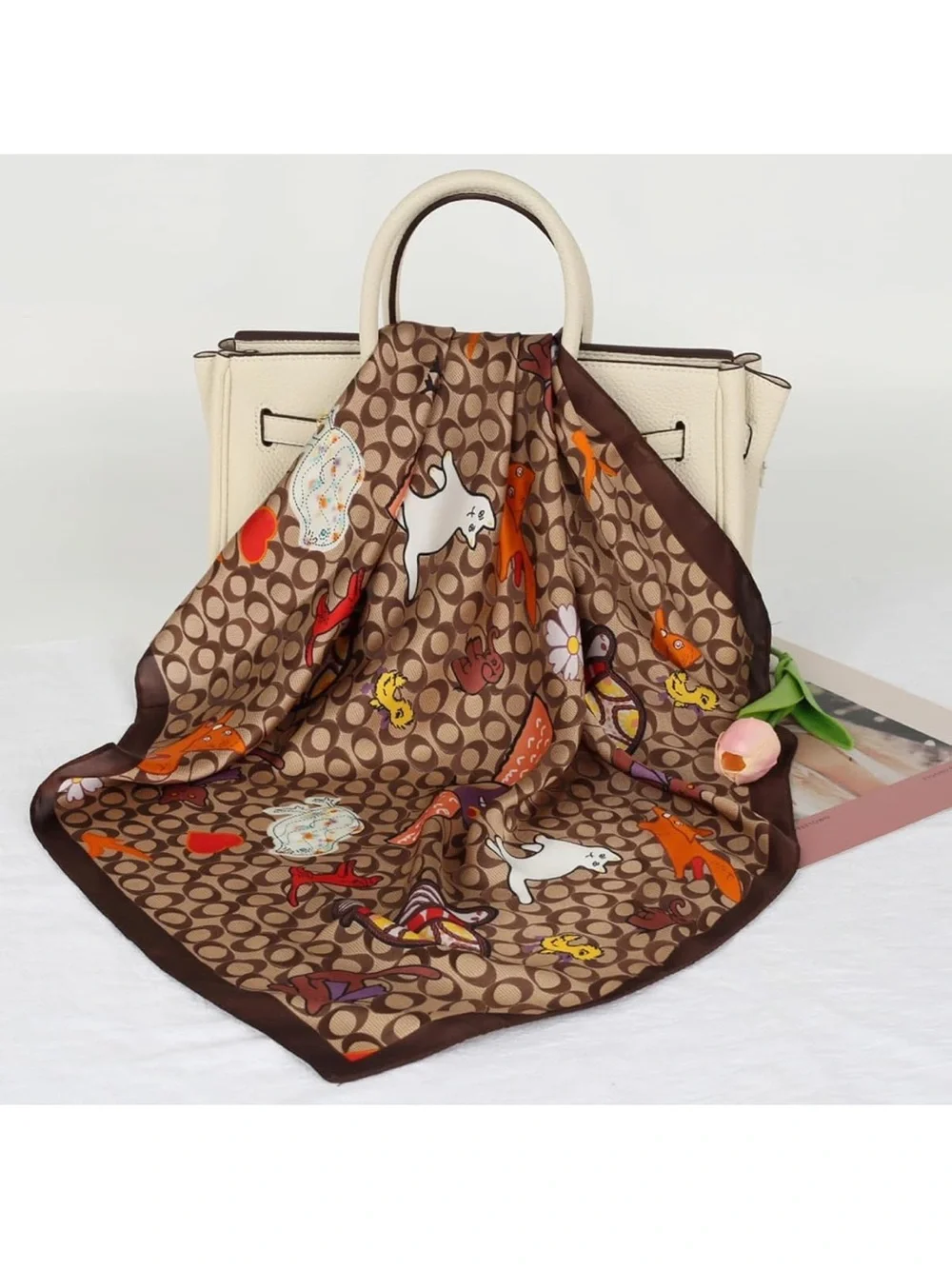 Designer Brown Patterned Silk Scarf with Multicolor Accents nwt 27” x 27”